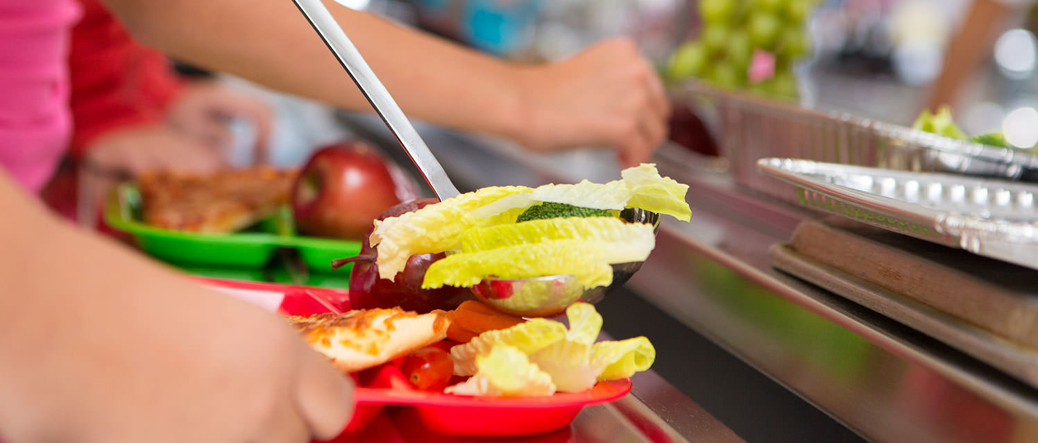 Close-up photo of romaine lettuce, broccoli, apple and grapes being added to a school lunch tray