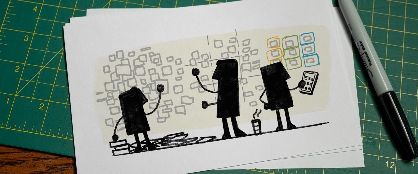 A header image of three LUMA characters working with sticky notes on a whiteboard