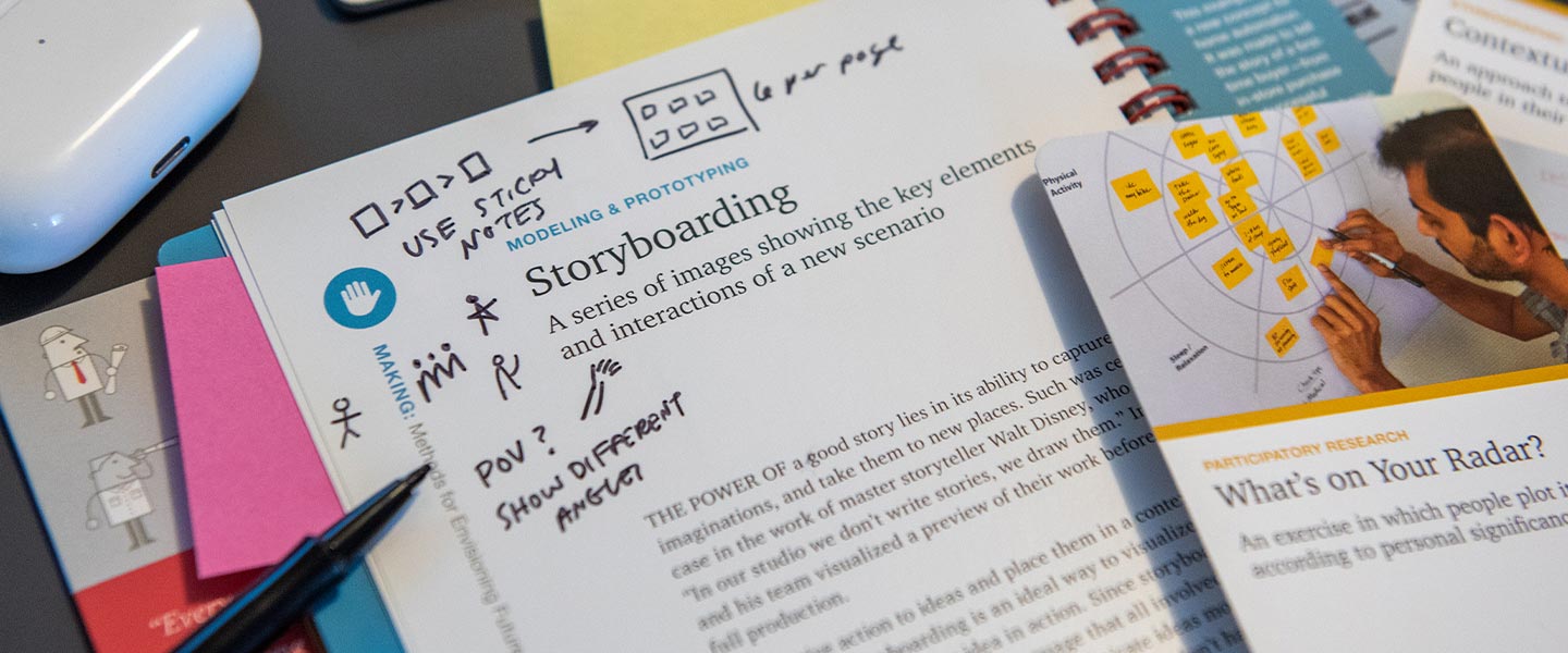 A photograph of the LUMA handbook, which is opened to the Storyboarding method. The page contains handwritten notes on it. The planning card for What's on your Radar is also shown.