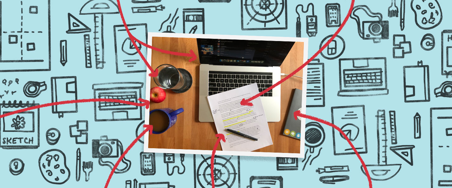 Ways of Working header image: a photograph of a working space with a laptop, papers, coffee, and an apple. The background is an illustration of various tools.