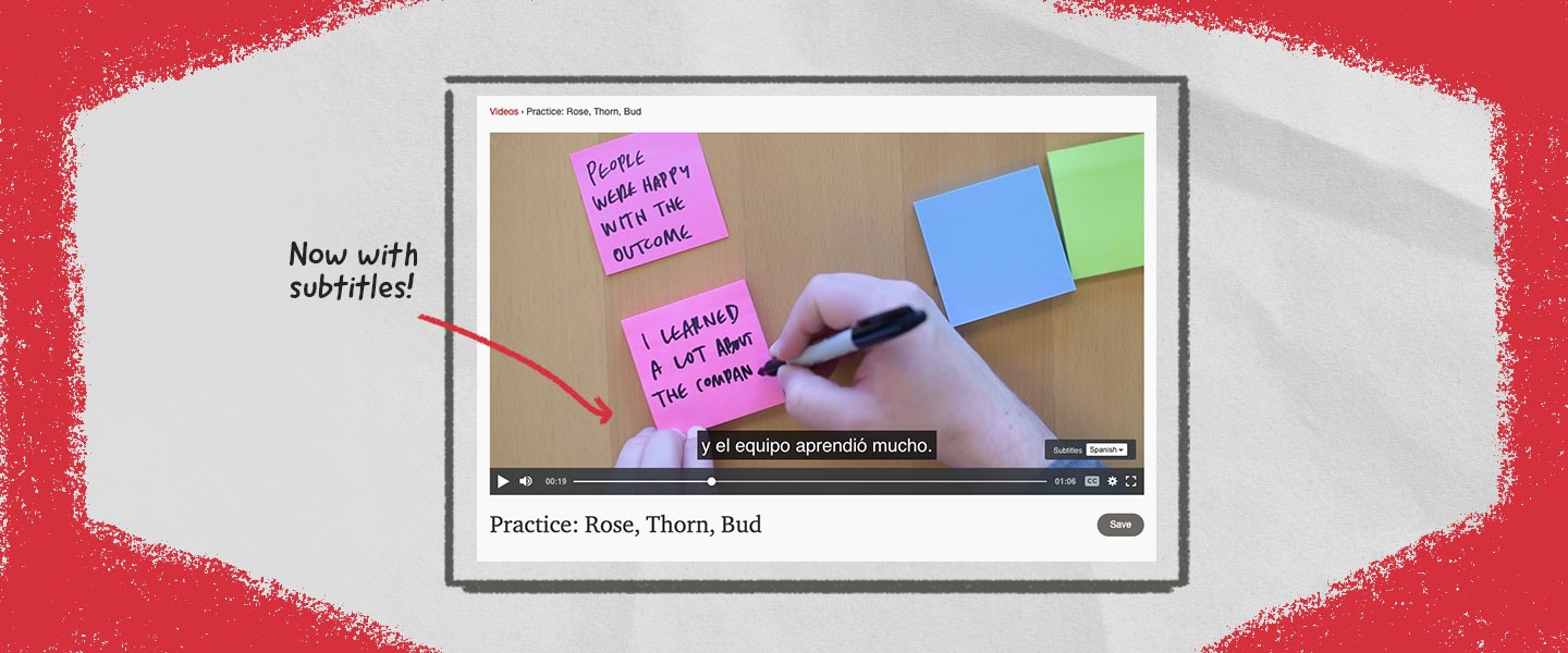 Graphic with a screenshot of a video from LUMA Workplace demonstrating how to use Rose Thorn Bud. The video has captions.
