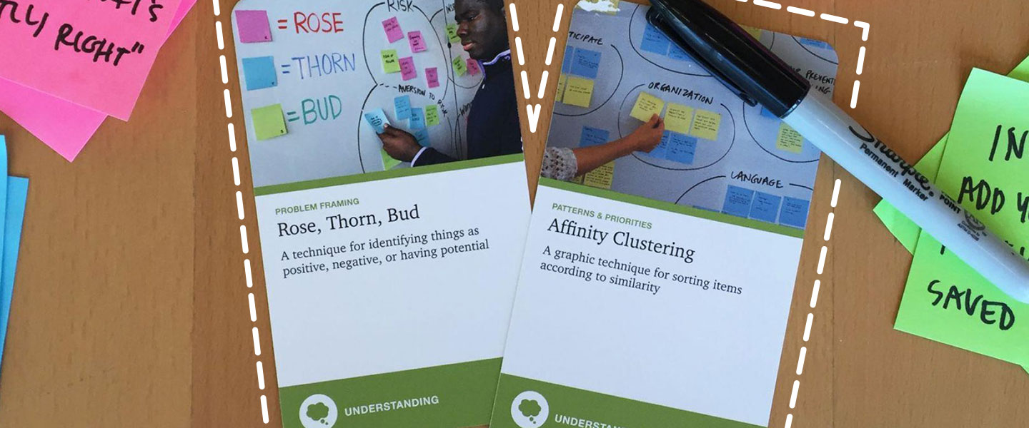 A photograph of a two human-centered design recipes being paired into a "recipe:" rose thorn bud and affinity clustering.
