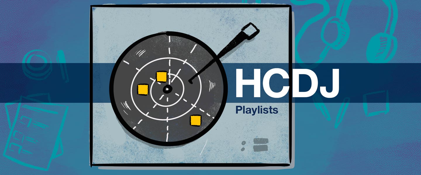 A graphic for a header image for a blog post about playlists for background music during design sessions.