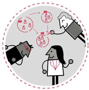Image of three LUMApic characters collaborating. One LUMApic character is drawing an org chart with a red marker while the other two characters look on.