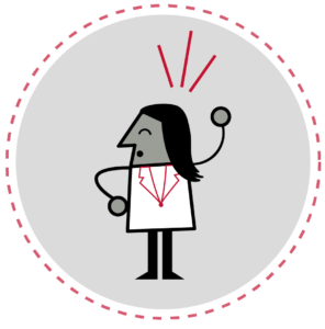Image of one LUMApic character innovating. They are wearing a white coat and there are red lines above their head, indicating a Eureka moment.